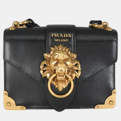 Pre-owned Prada Black Antic Soft Saffiano Lions Head Cahier Shoulder Bag