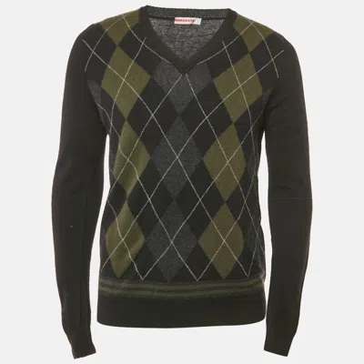 Pre-owned Prada Black Argyle Wool V-neck Long Sleeve Sweater Xl