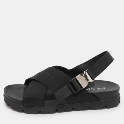 Pre-owned Prada Black Balistic Nylon Cross Strap Slide Sandals Size 44