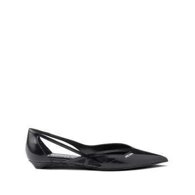 Prada Cut Out Black Brushed Leather Ballerina In Multi