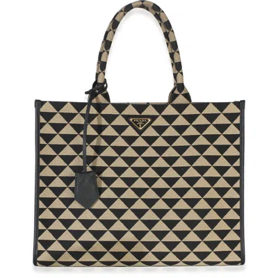 Pre-owned Prada Black Beige Jacquard Saffiano Triangolo Symbole Embroidered Large Tote