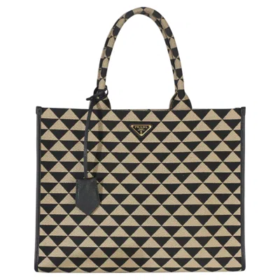 Pre-owned Prada Black Beige Jacquard Saffiano Triangolo Symbole Embroidered Large Tote