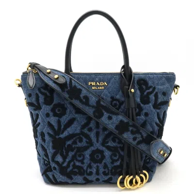Pre-owned Prada Black Bleu Nero Denim Leather Handbag Shoulder Bag ()