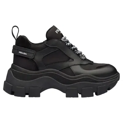 Pre-owned Prada Black Block Chunky Wedges Sneakers Sole Leather Nylon / Lace Up 39