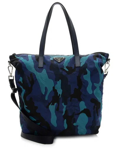 Pre-owned Prada Black, Blue, Green Leather & Nylon Camouflage Convertible Tote (authentic Pre-loved)