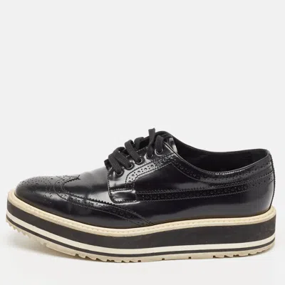 Pre-owned Prada Black Brogue Patent Leather Platform Derby Sneakers Size 38