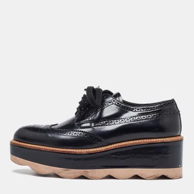 Pre-owned Prada Black Brogue Patent Leather Wave Wingtip Platform Derby Sneakers Size 36