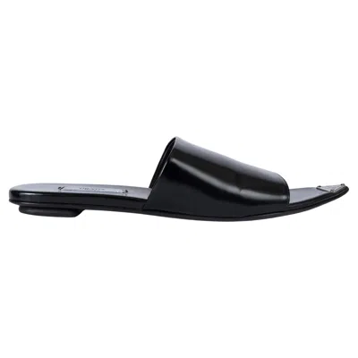 Pre-owned Prada Black Brushed Leather 2022 Logo Slide Sandals Shoes 37