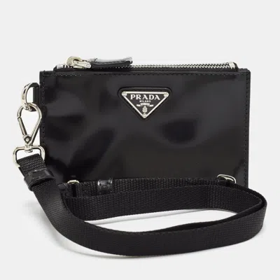 Pre-owned Prada Black Brushed Leather And Nylon Wristlet Pouch
