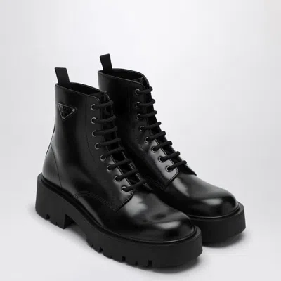 PRADA PRADA  BLACK BRUSHED LEATHER ANKLE BOOT