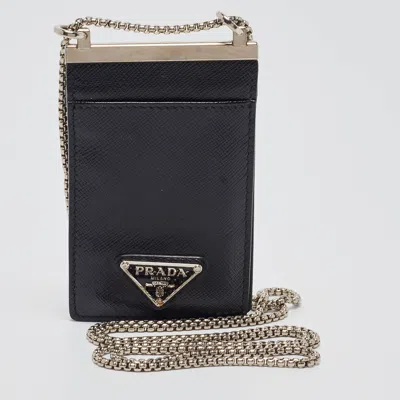 Pre-owned Prada Black Brushed Leather Chain Card Holder