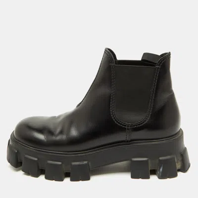 Pre-owned Prada Black Brushed Leather Monolith Platform Chelsea Boots Size 41