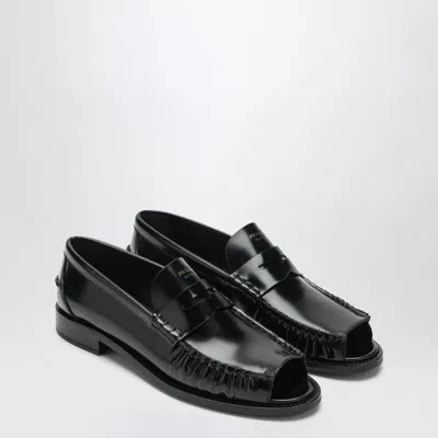 Prada Black Brushed Leather Peeptoe Loafers