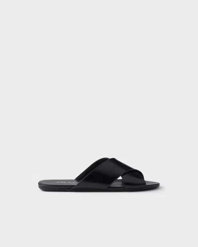 Prada Black Brushed Leather Slides