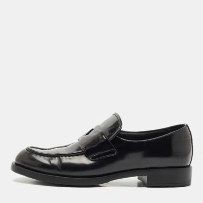 Pre-owned Prada Black Brushed Leather Slip On Loafers Size 37.5