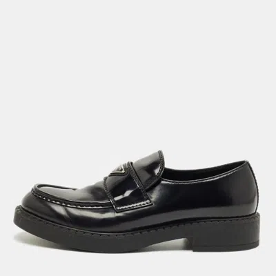 Pre-owned Prada Black Brushed Leather Slip On Platform Loafers Size 44.5
