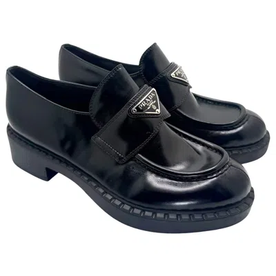 Pre-owned Prada Black Brushed Leather Triangle Logo Loafers Size 38