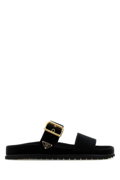 Prada Triangle Logo Velvet Flat Sandals In Black