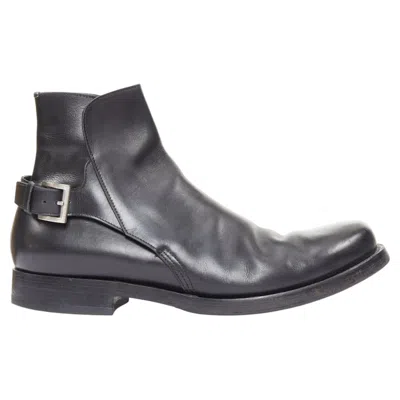 Pre-owned Prada Black Calfskin Silver Rear Buckle Overlap Round Ankle Boots Uk9.5 Eu43.5