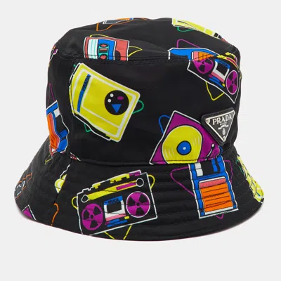 Pre-owned Prada Black Camera Printed Nylon Bucket Hat M