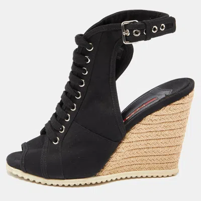 Pre-owned Prada Black Canvas Espadrille Wedge Slingback Sandals Size 38.5