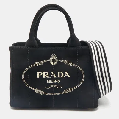 Pre-owned Prada Black Canvas Logo Small Canapa Tote