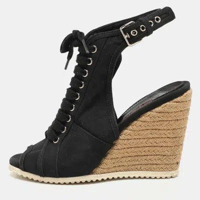 Pre-owned Prada Black Canvas Peep Toe Slingback Sandals Size 37