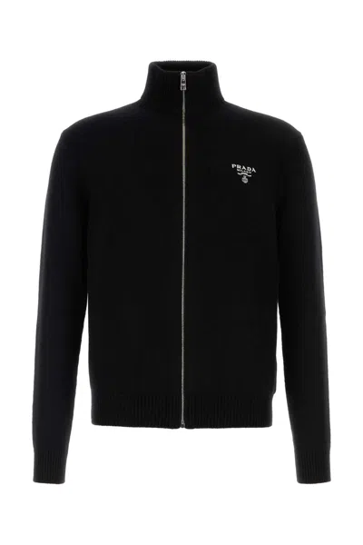 Prada Logo Embroidered Full-zipped Knitted Cardigan In Black