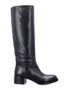 Prada Tall Leather Logo Boots Low Heel In Black
