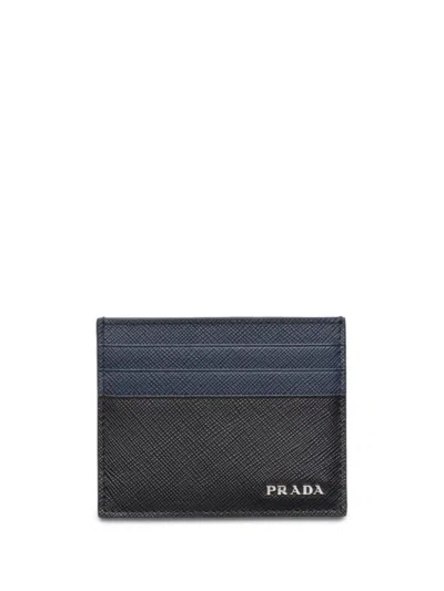 Prada Black Colour-block Leather Card Holder In Blue