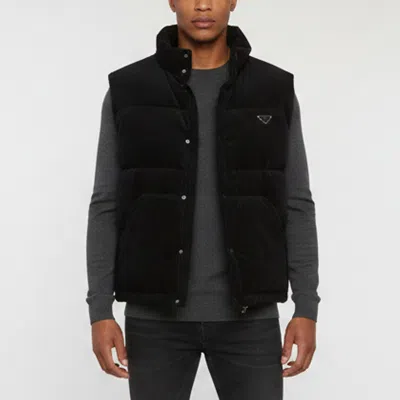 Pre-owned Prada Black Corduroy Hooded Down Puffer Vest Xl