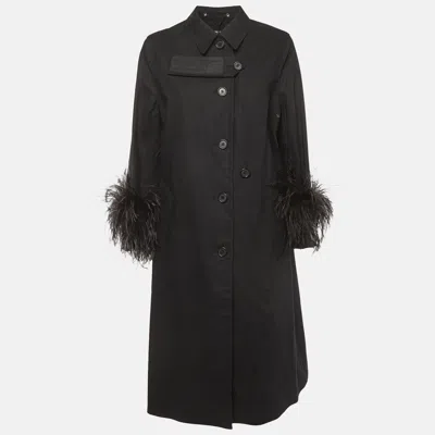 Pre-owned Prada Black Cotton And Feather Trim Single Breasted Coat S