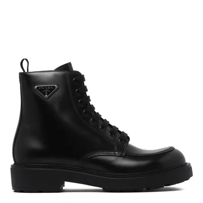 Prada Polished Finish Leather Combat Boots In Black