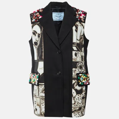 Pre-owned Prada Black Cotton Embellished Alice Button Front Vest M