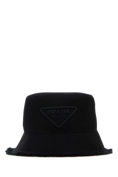 Prada Cotton Hat Frayed Brim In Black