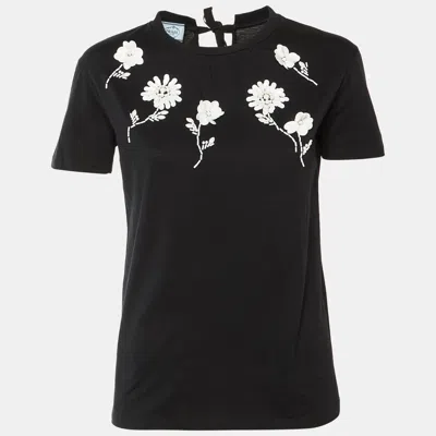 Pre-owned Prada Black Cotton Knit Floral Embellished Tie Detail T-shirt Xs