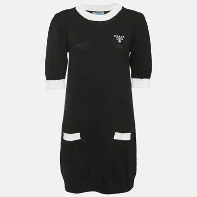 Pre-owned Prada Black Cotton Knit Logo Embroidered Mini Dress M