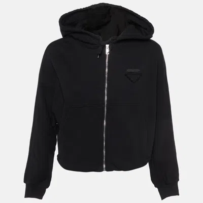Pre-owned Prada Black Cotton Knit Zip-up Crop Hooded Sweatshirt S
