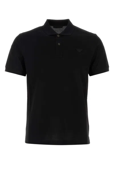 Prada Black Cotton Piquet Polo Shirt In Nero