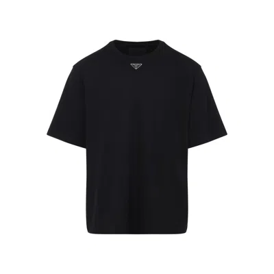Prada Black Cotton T-shirt With Minimalist Design And Logo Detail In Blue