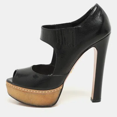 Pre-owned Prada Black Crackled Leather Mary Jane Platform Pumps Size 36.5
