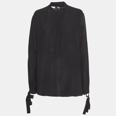 Pre-owned Prada Black Crepe Gathered Neck Tie Blouse L