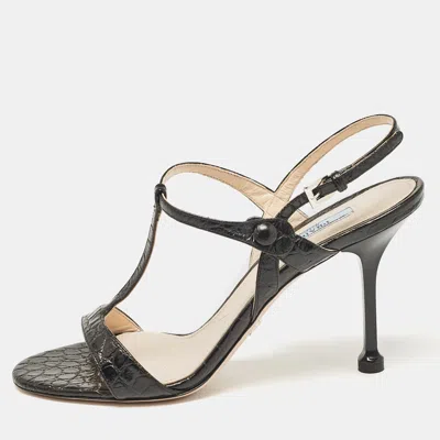 Pre-owned Prada Black Croc Embossed Leather Ankle Strap Sandals Size 39
