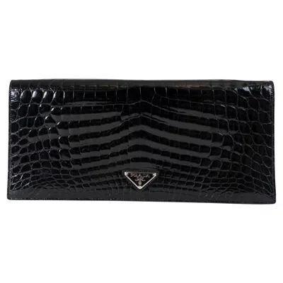 Pre-owned Prada Black Crocodile Long Flap Clutch Bag