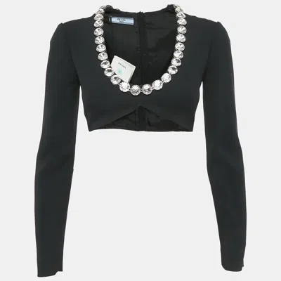 Pre-owned Prada Black Crystal Studded Crepe Crop Top Xs