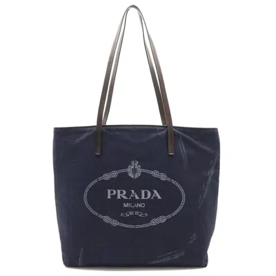 Pre-owned Prada Black Dark Blue Denim Leather Shoulder Bag Tote Bag ()