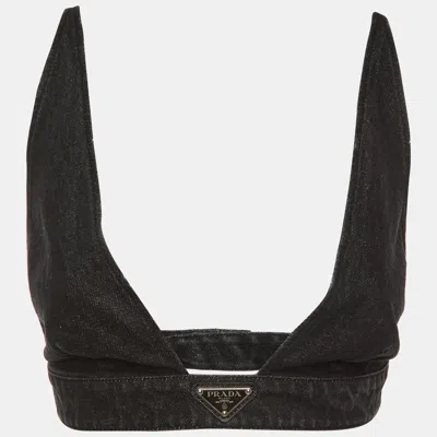 Pre-owned Prada Black Denim Logo Plaque Bralette M