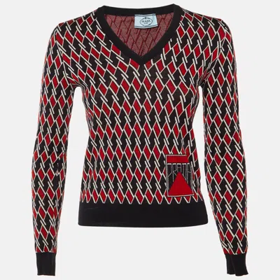 Pre-owned Prada Black Diamond Pattern Wool V-neck Sweater S