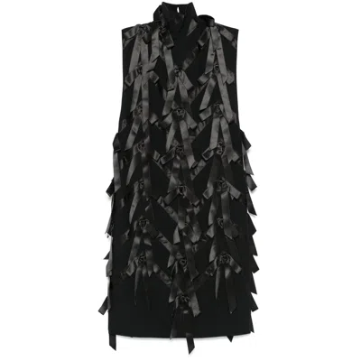 Prada Bow-detail Satin-trimmed Sablé Midi Dress In Black