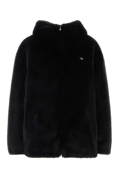 Prada Reversible Eco Fur Hooded Jacket In Black